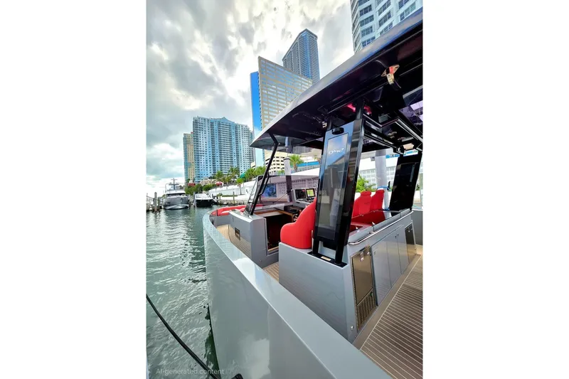 Never Enough Yacht Photos Pics 2023 De Antonio Yachts D42 Open docked, showcasing sleek design and vibrant red seating.