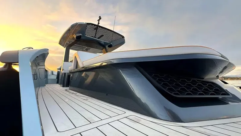  Yacht Photos Pics 2024 Maori 46ft yacht deck at sunset, showcasing sleek design and modern features.