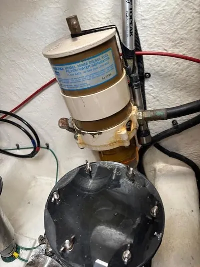 Island Dreamer Yacht Photos Pics 1999 Riviera Convertible engine compartment with fuel filter and wiring.