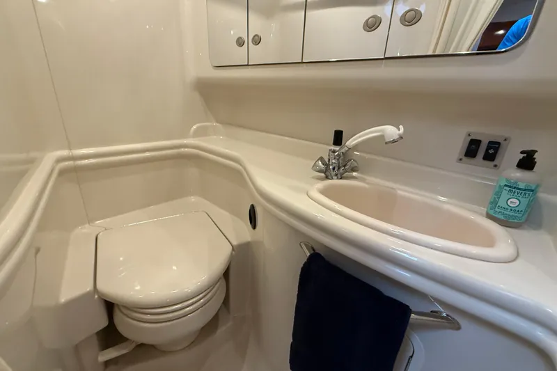 Magpie Yacht Photos Pics 2006 Sea Ray 340 Sundancer bathroom with sink, toilet, and mirror cabinet.