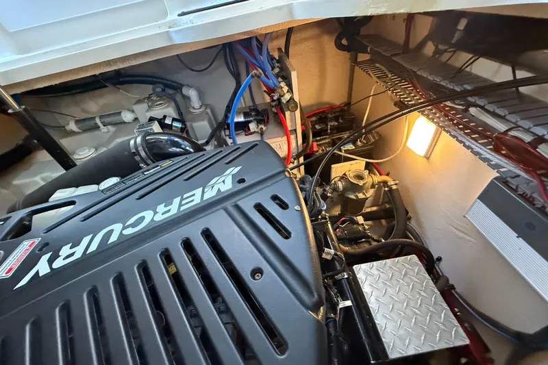 Magpie Yacht Photos Pics Engine compartment of a 2006 Sea Ray 340 Sundancer with a Mercury engine.