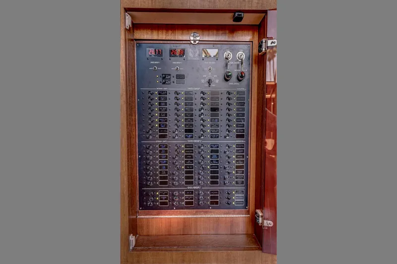 Bora Bora Yacht Photos Pics Electrical control panel in wooden cabinet, Paragon mk 2009 model.