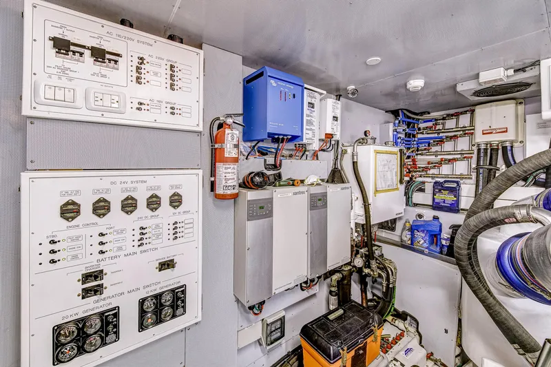 Bora Bora Yacht Photos Pics Electrical control room with panels, wiring, and equipment, Paragon mk 2009 model.