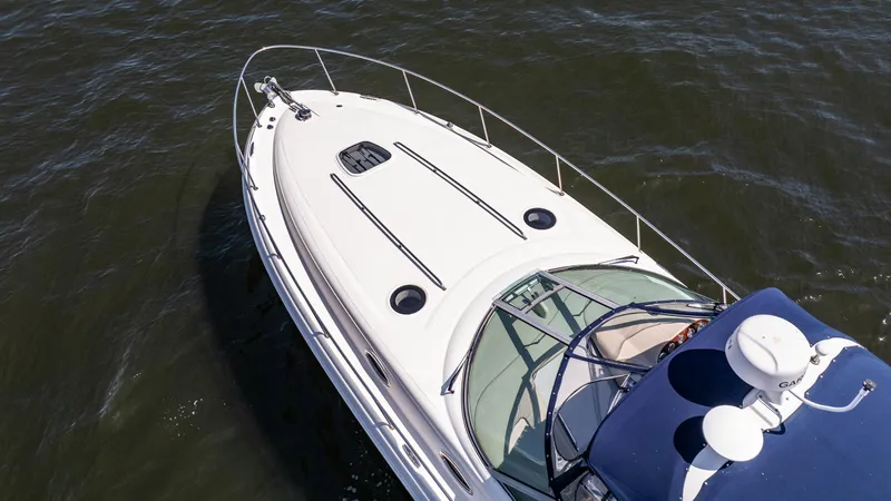 Bella Vita Yacht Photos Pics 2008 Sea Ray 340 Sundancer yacht on water, aerial view of sleek design and spacious deck.