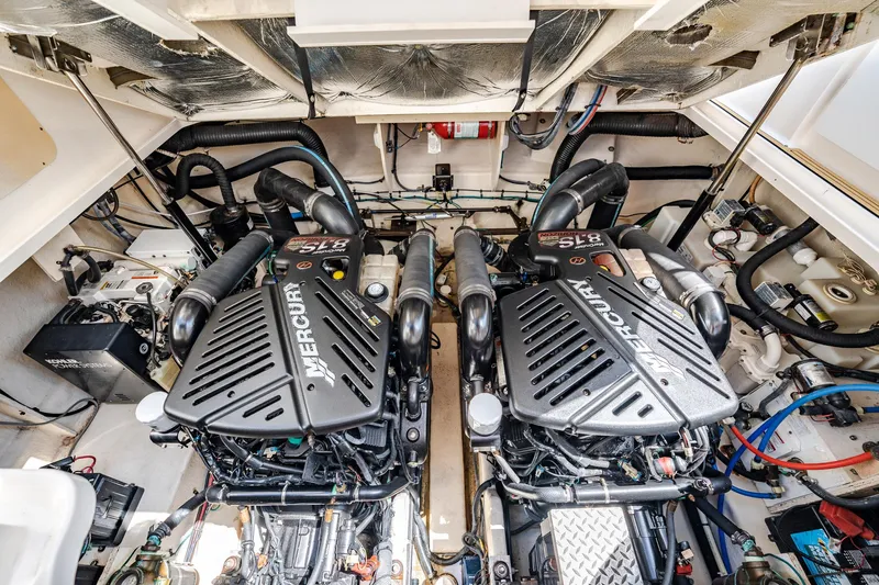 Bella Vita Yacht Photos Pics Engine room of 2008 Sea Ray 340 Sundancer with twin MerCruiser engines.