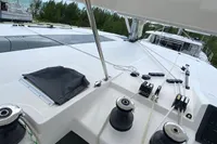 2020 Leopard 45 yacht deck with winches and ropes, showcasing sleek design and functionality.