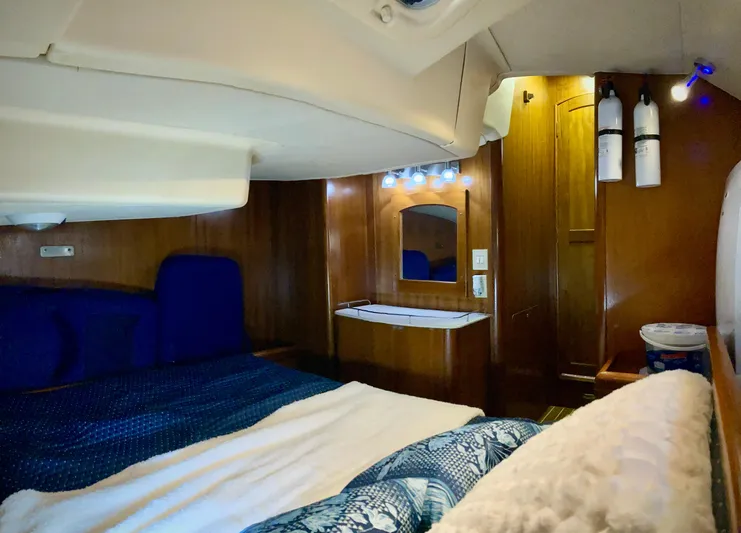Light Seeker Yacht Photos Pics Cozy cabin interior of 2005 Hunter 41 AC sailboat with wood paneling and blue bedding.