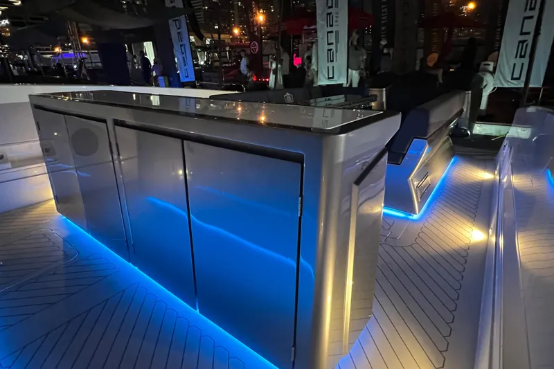  Yacht Photos Pics 2023 Canados 493 Gladiator yacht interior with sleek design and blue LED lighting.