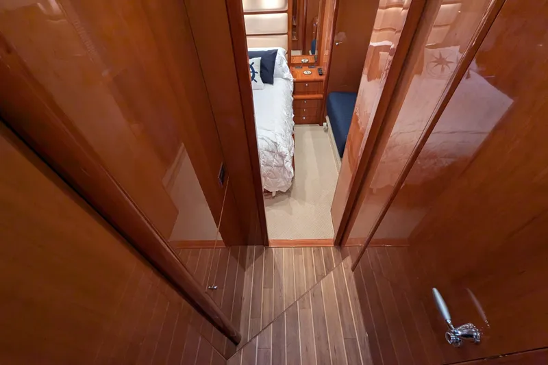  Yacht Photos Pics Luxurious cabin interior of 2006 Sunseeker Predator 68 yacht with wooden finishes.