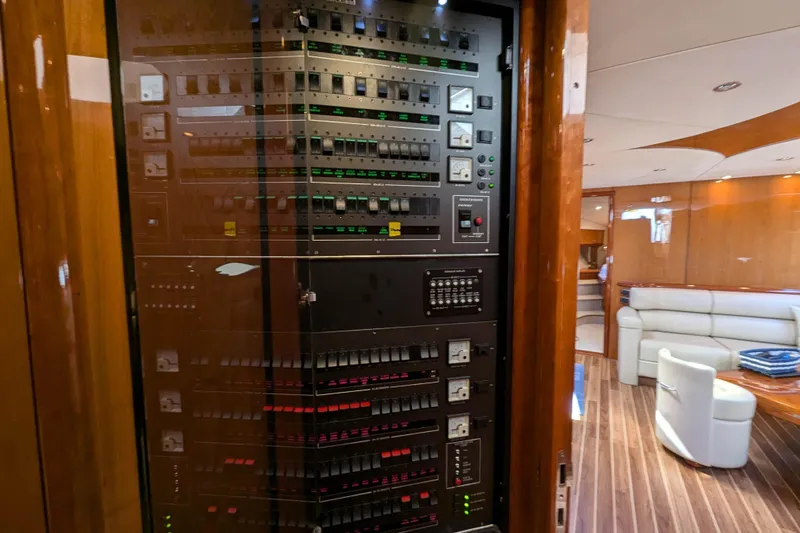 Yacht Photos Pics Electrical control panel on 2006 Sunseeker Predator 68 yacht, with luxurious interior view.