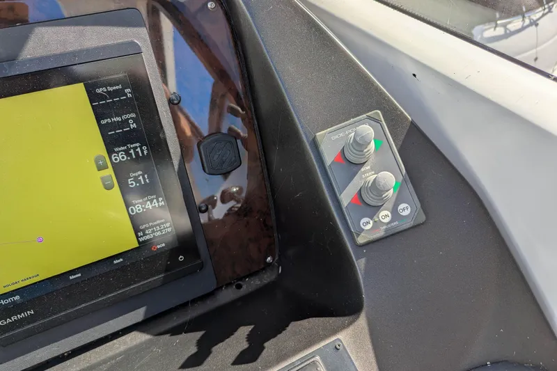  Yacht Photos Pics Control panel of a 2006 Sunseeker Predator 68 yacht with navigation display.