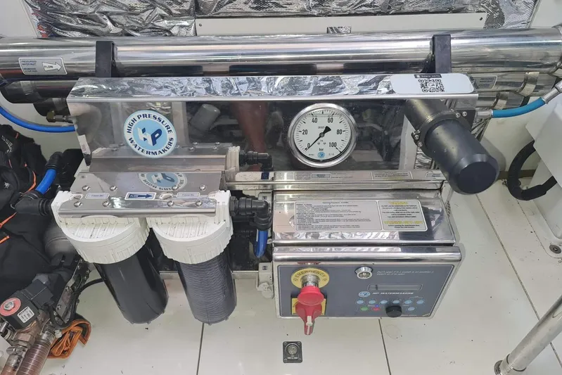  Yacht Photos Pics High-pressure watermaker system in a 2019 Princess F55 yacht engine room.