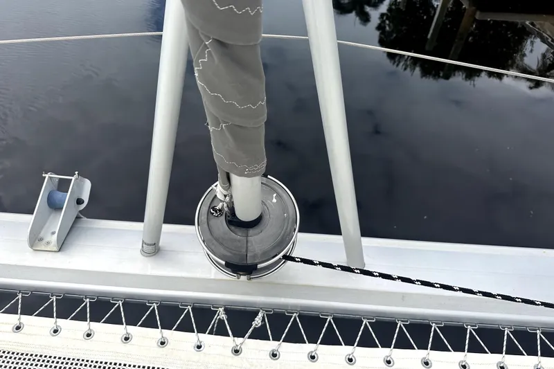  Yacht Photos Pics Sailboat deck detail on 2016 Leopard 44, featuring rigging and netting.