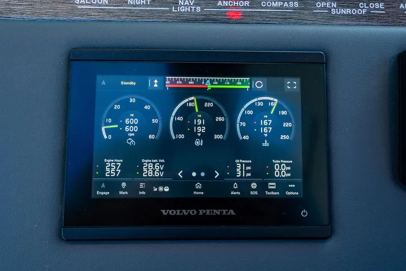 Bald Eagle Yacht Photos Pics Volvo Penta display on 2024 Riviera 6000SY yacht dashboard showing engine metrics.