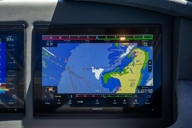 Bald Eagle Yacht Photos Pics Garmin navigation display on 2024 Riviera 6000SY yacht, showing detailed marine chart.
