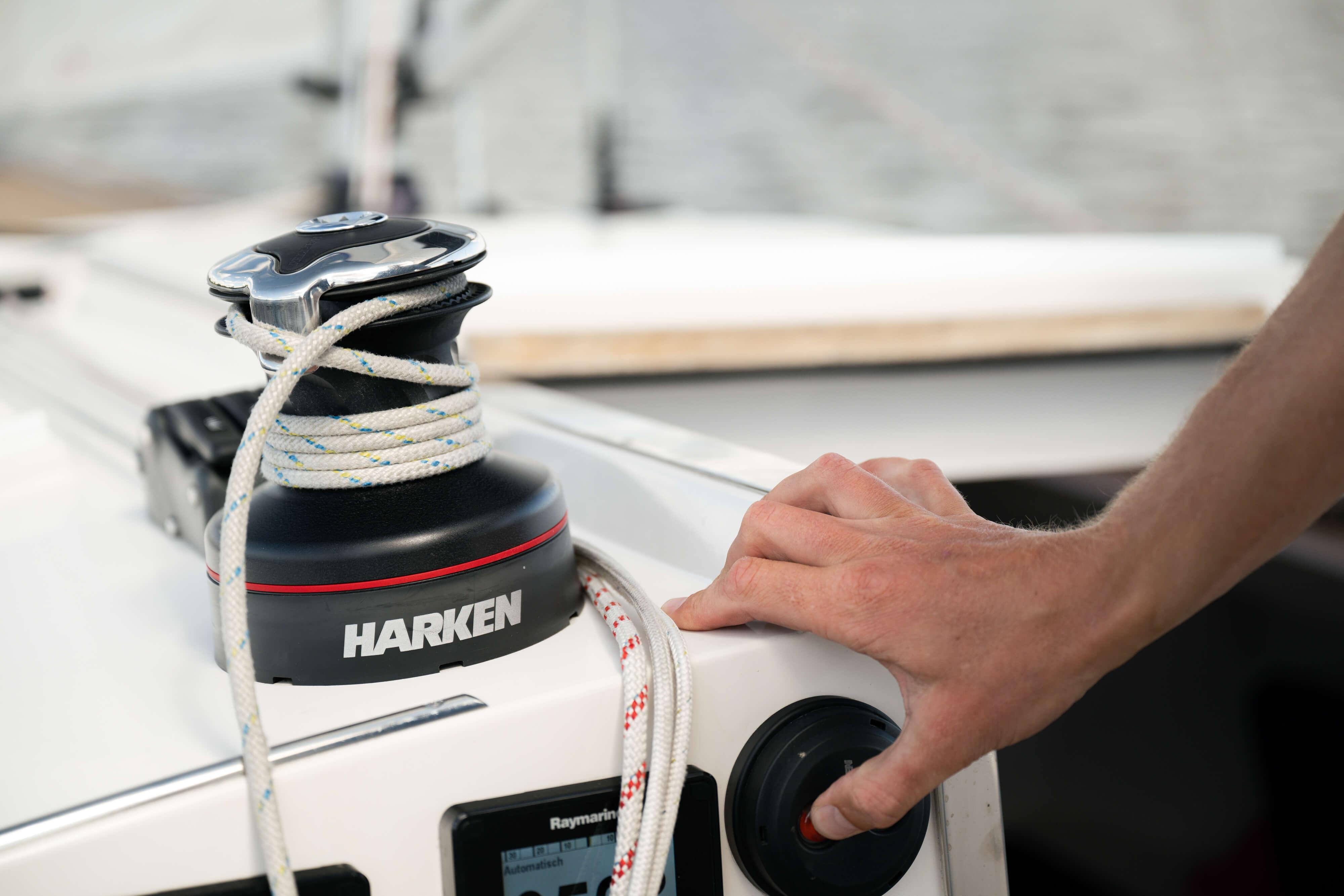 Close-up of a Harken winch on a 2026 Saffier SC 8M Cabin sailboat.
