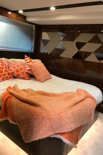  Yacht Photos Pics Luxury bedroom interior of 2021 Fairline Targa 45 GT yacht with modern decor.