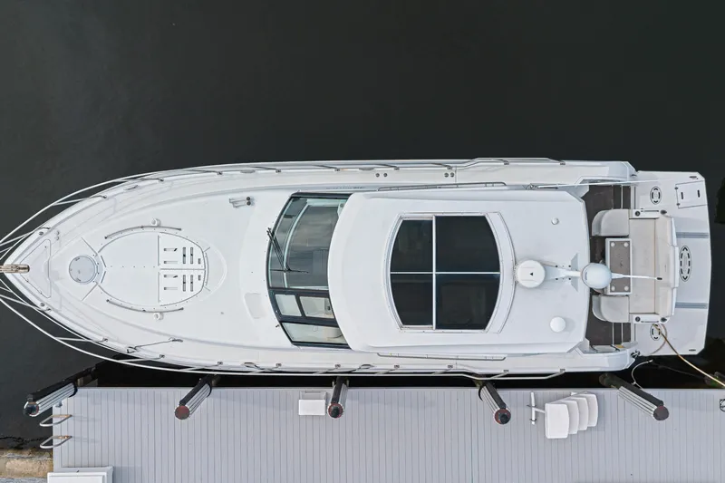 Low Hours!!! Yacht Photos Pics Overhead view of 2012 Cruisers Yachts 48 Cantius docked at marina.
