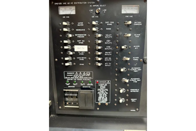 Low Hours!!! Yacht Photos Pics Electrical panel of 2012 Cruisers Yachts 48 Cantius, showing various switches and controls.