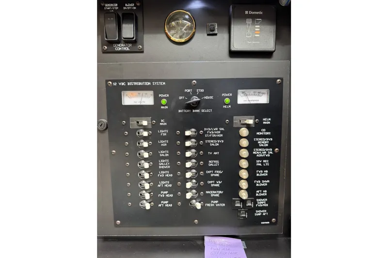 Low Hours!!! Yacht Photos Pics Control panel of a 2012 Cruisers Yachts 48 Cantius, featuring various switches and gauges.