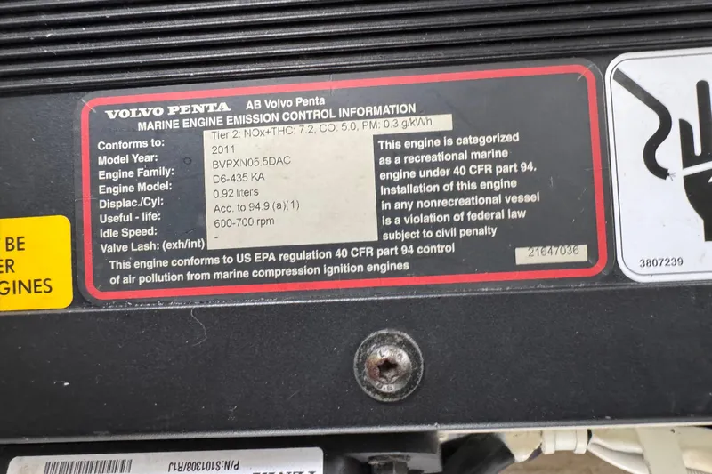 Low Hours!!! Yacht Photos Pics Volvo Penta marine engine emission control label on 2012 Cruisers Yachts 48 Cantius.