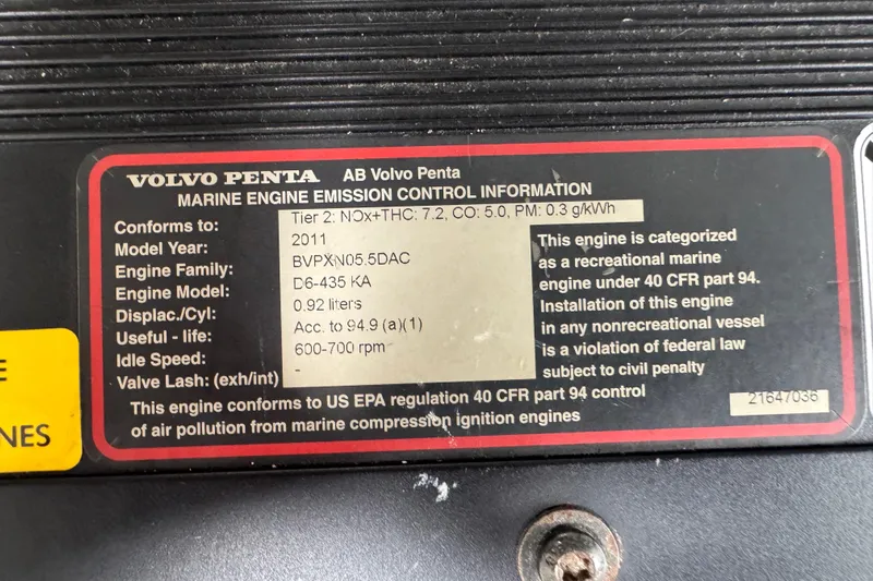 Low Hours!!! Yacht Photos Pics Volvo Penta marine engine emission label on 2012 Cruisers Yachts 48 Cantius.