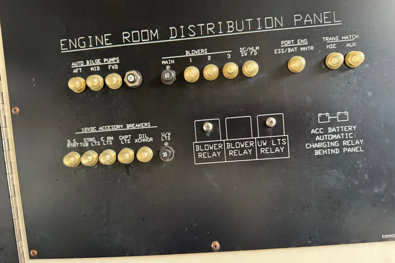 Low Hours!!! Yacht Photos Pics 2012 Cruisers Yachts 48 Cantius engine room distribution panel with switches and relays.