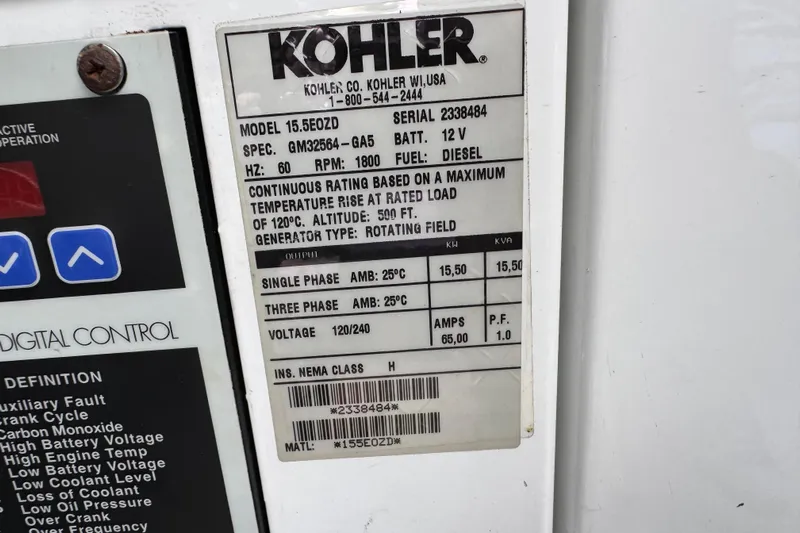 Low Hours!!! Yacht Photos Pics Kohler generator label on 2012 Cruisers Yachts 48 Cantius, model 15.5EOZD, diesel-powered.