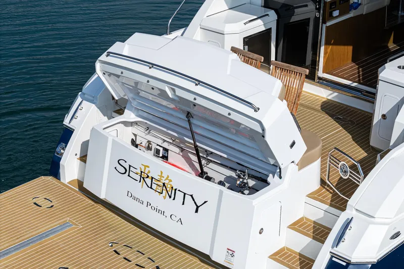 Serenity Yacht Photos Pics 2015 Cruisers Yachts 48 Cantius, open storage, docked at Dana Point, CA.