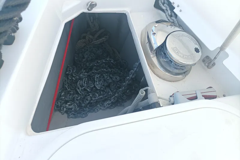 Ritual Yacht Photos Pics Anchor chain compartment on a 2020 Beneteau First 53 yacht, featuring a Lewmar windlass.