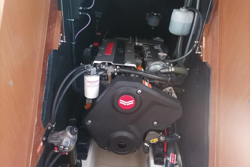 Ritual Yacht Photos Pics Engine compartment of a 2020 Beneteau First 53 sailboat, featuring a Yanmar engine.