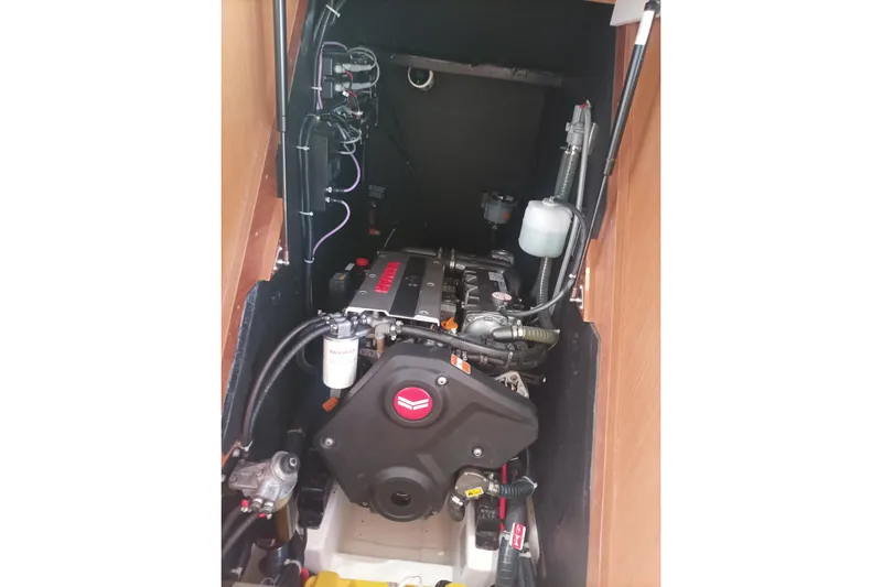 Ritual Yacht Photos Pics Engine compartment of a 2020 Beneteau First 53 yacht, featuring a Yanmar engine.