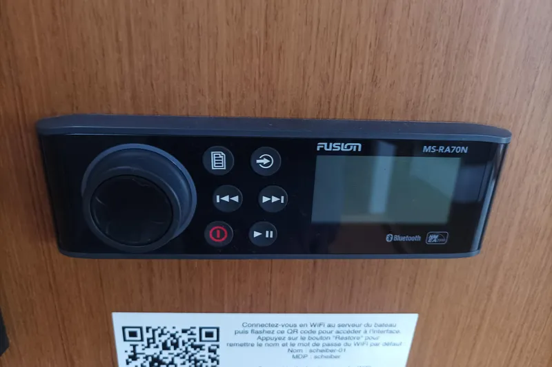 Ritual Yacht Photos Pics Fusion MS-RA70N stereo system on 2020 Beneteau First 53 yacht, featuring Bluetooth connectivity.