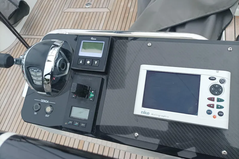 Ritual Yacht Photos Pics Control panel of a 2020 Beneteau First 53 yacht with navigation equipment.