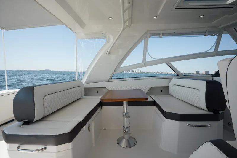  Yacht Photos Pics Luxurious interior of 2024 World Cat 400 DC-X boat with ocean view.