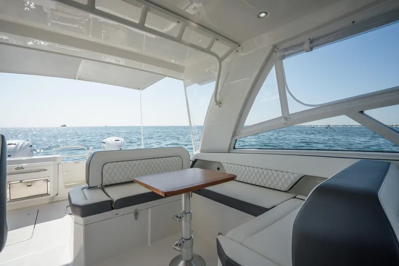  Yacht Photos Pics Luxurious interior of 2024 World Cat 400 DC-X boat with ocean view.