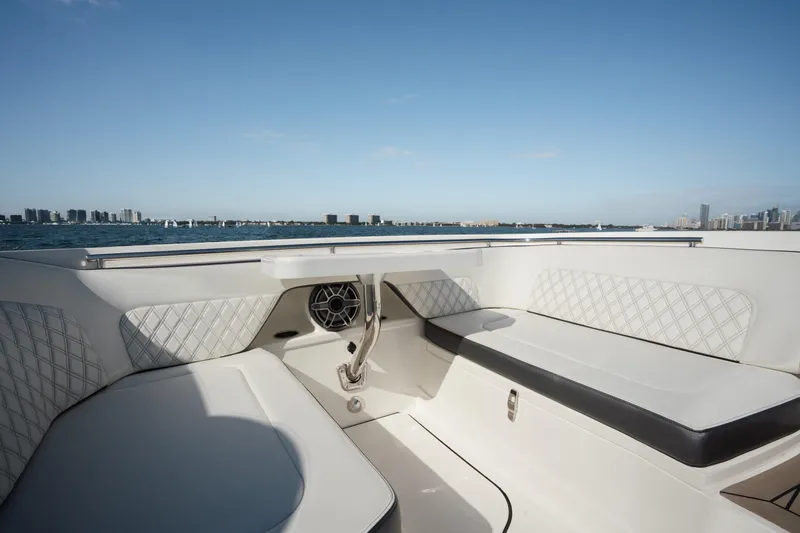 Yacht Photos Pics 2024 World Cat 400 DC-X boat interior with luxurious seating and ocean view.