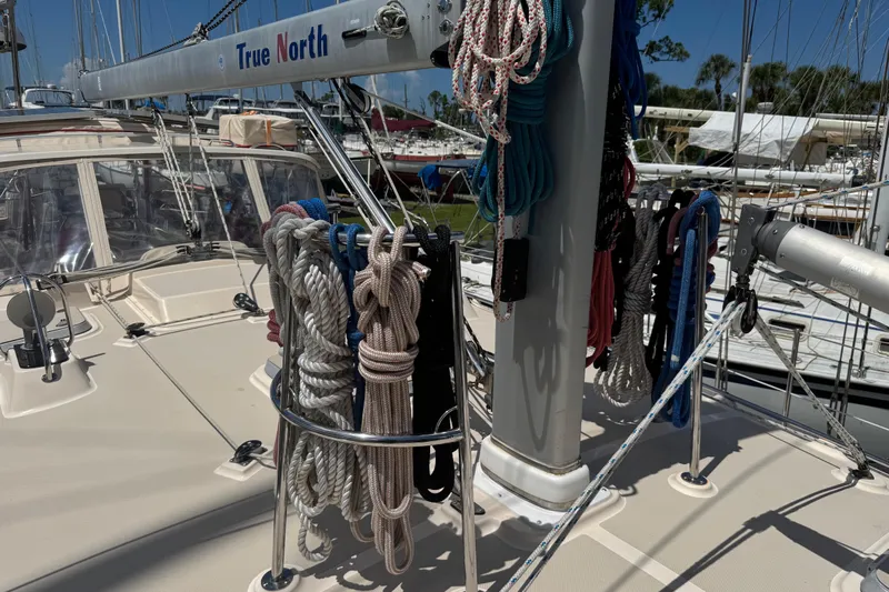 True North Yacht Photos Pics 2004 Island Packet 420 sailboat deck with ropes and mast, labeled "True North."