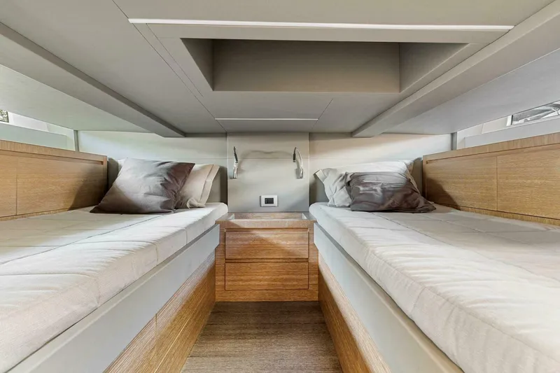  Yacht Photos Pics Interior of 2023 Astondoa 377 yacht with twin beds and modern design.