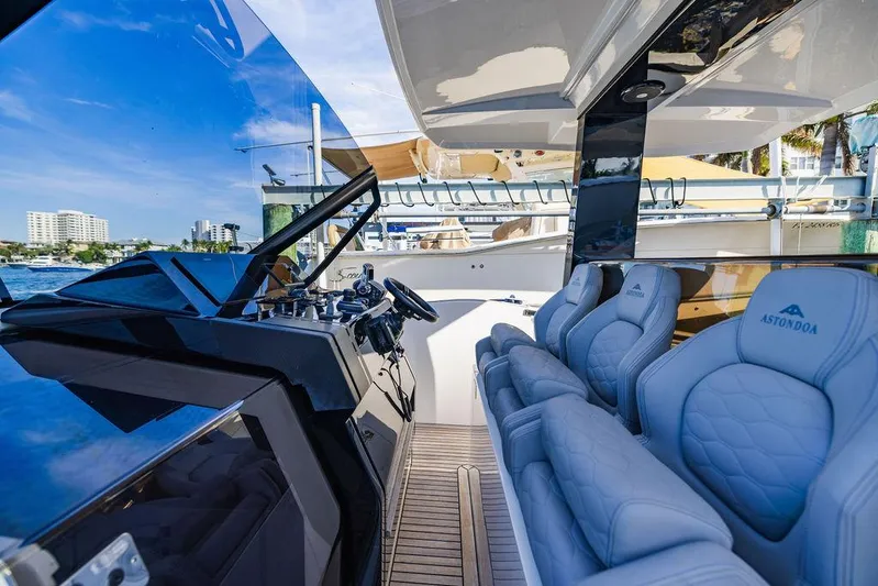  Yacht Photos Pics Luxurious 2023 Astondoa 377 yacht interior with plush seating and modern dashboard.