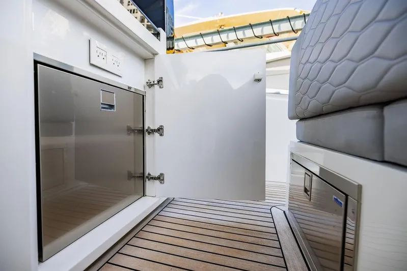  Yacht Photos Pics Astondoa 377 yacht interior, 2023 model, featuring sleek cabinetry and modern design.
