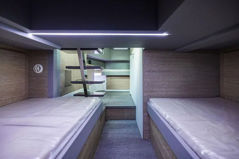  Yacht Photos Pics Interior of 2023 Astondoa 377 yacht, featuring modern twin cabin design with sleek finishes.
