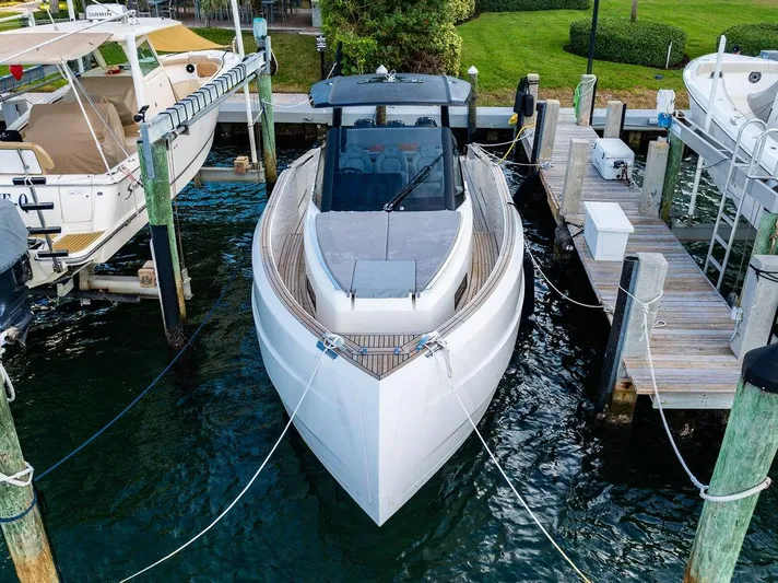  Yacht Photos Pics 2023 Astondoa 377 yacht docked at marina, aerial view.