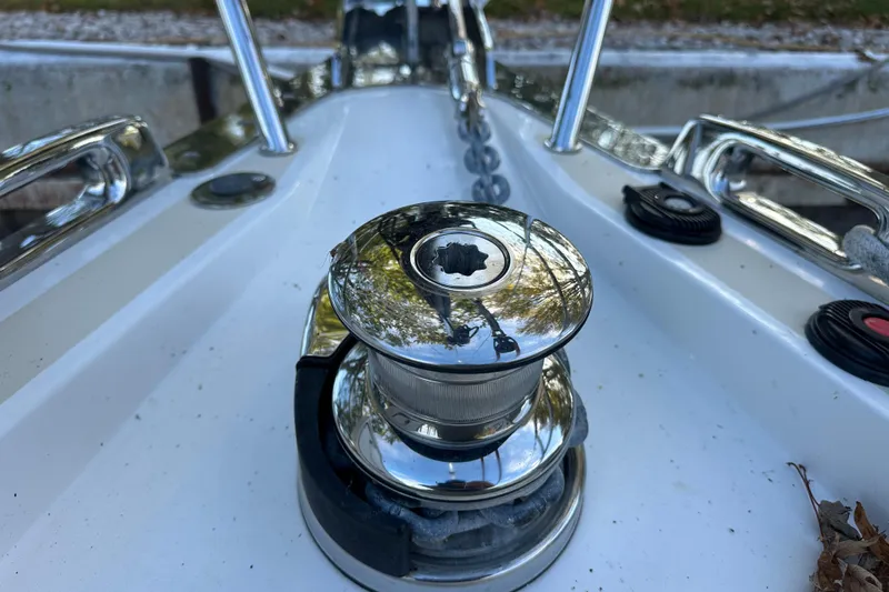  Yacht Photos Pics Close-up of a 2017 Tartan 4300 sailboat's deck hardware and winch.