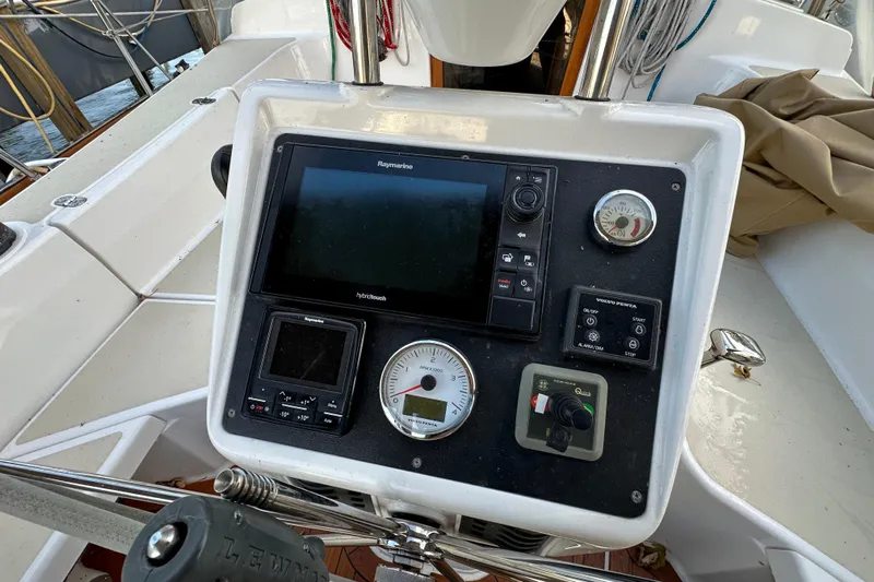  Yacht Photos Pics Control panel of a 2017 Tartan 4300 sailboat with navigation instruments.