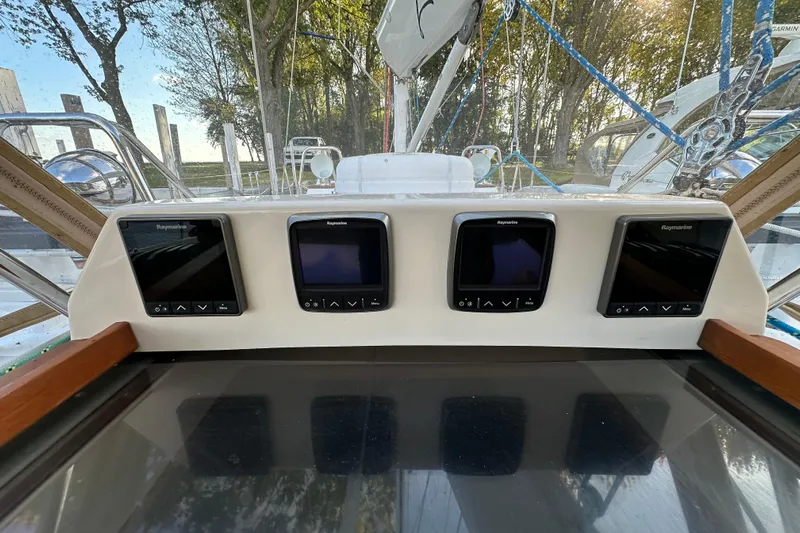  Yacht Photos Pics Control panel of a 2017 Tartan 4300 sailboat with Raymarine displays.