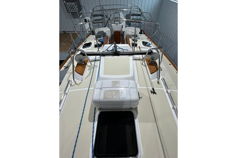  Yacht Photos Pics 2017 Tartan 4300 sailboat deck view in storage facility.