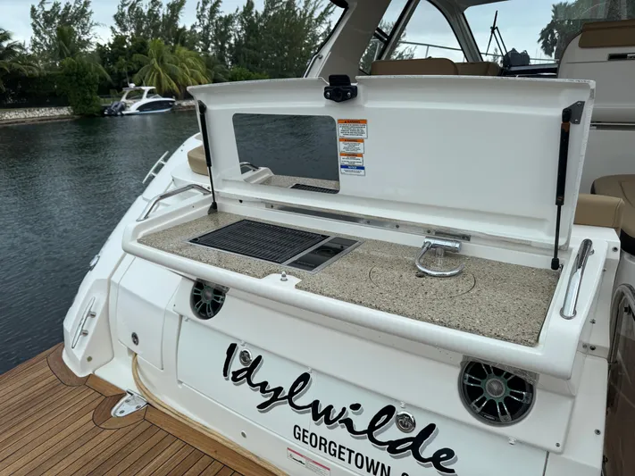 Idylwilde Yacht Photos Pics 2018 Sea Ray Sundancer 350 Coupe with outdoor kitchenette, docked near lush greenery.