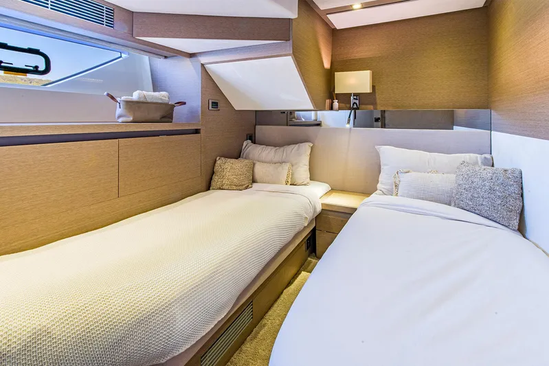  Yacht Photos Pics Luxurious twin cabin interior on a 2016 Prestige 680 yacht.