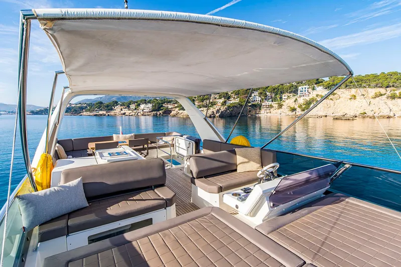  Yacht Photos Pics Luxurious 2016 Prestige 680 yacht with spacious deck, scenic coastal view, and elegant seating.